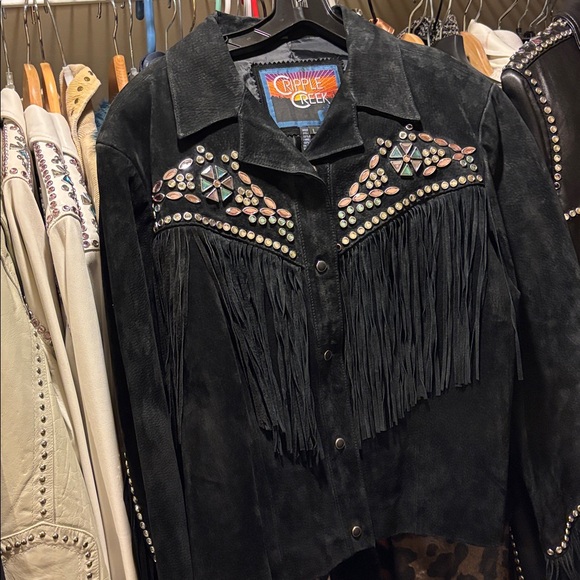 Black Suede Fringe Rhinestone Studded Leather Jacket L Excellent VTG Condition - Picture 4 of 17